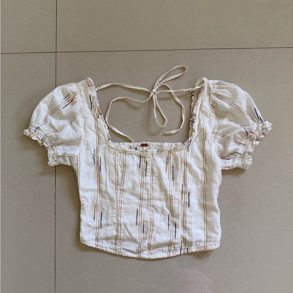 Free People Embroidered White Puff Sleeve Women's Top